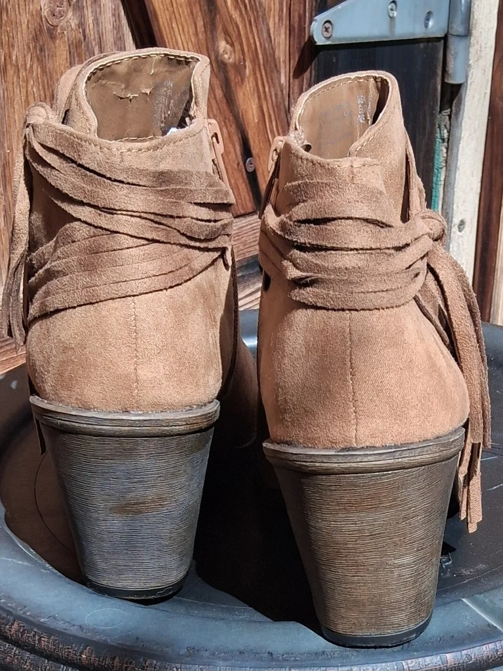 Time and Tru Tan Suede Ankle Booties with Wrapped Strap Detail